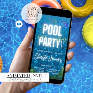 Blue Pool Party Birthday Invitation Video Neon Beach Theme Tropical Summer Invite For Teens Kids Adults DIY Canva Editable Template Pool