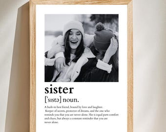 Regalo fotográfico personalizado con la definición de hermana: Plantilla de Canva para descarga digital de arte mural personalizado
