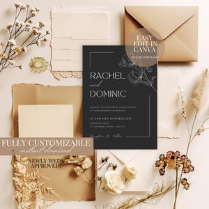 Wedding Invitation Black and white Wedding Invitation White Lettering On Black Wedding Invitation Template Minimalist Invite Modern Editable