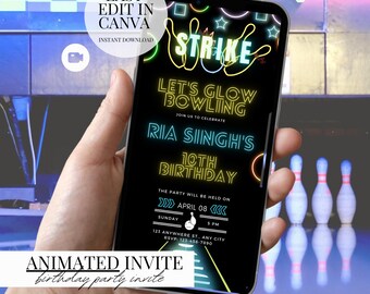 Invitación de cumpleaños de bolos luminosos: Fiesta neón, editable (descarga digital)