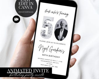 50th Birthday Photo Invitation Elegant Minimalist Electronic Evite Digital Download Canva Template