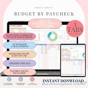 May include: A digital budget planner displayed on a laptop and tablet. The screen shows a spreadsheet with financial data, charts, and the text "BUDGET BY PAYCHECK." Features include automatic calculations, easy currency editing, and visual graphs. "Instant Download" is also displayed.