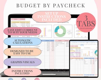 May include: A digital budget planner displayed on a laptop and tablet. The screen shows a spreadsheet with financial data, charts, and the text "BUDGET BY PAYCHECK." Features include automatic calculations, easy currency editing, and visual graphs. "Instant Download" is also displayed.