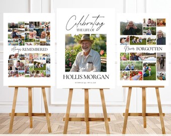 Conjunto de letreros de collage de fotos funerarias: Letreros de bienvenida para celebrar la vida. Descarga digital. Plantilla Canva.