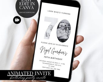 70th Birthday Invitation Minimalist Photo Evite Editable Canva Template Digital Download
