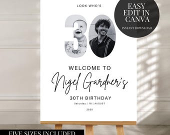 Modern 30th Birthday Welcome Sign  Look Whos 30 With Photo Canva Template