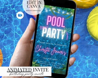 Neon Pool Party Invitation Video Editable Canva Template Digital Download