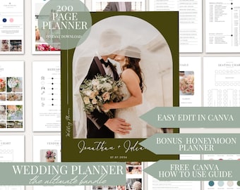 200 Page Wedding Day Information Planner Bundle Canva Template Digital Download