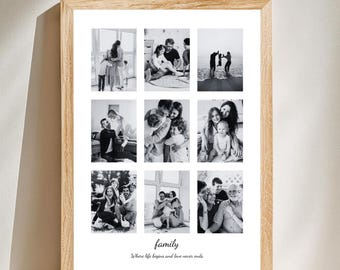 May include: A framed collage of nine black and white family photos. The wooden frame surrounds the images, with the word "family" and the phrase "Where life begins and love never ends" at the bottom.