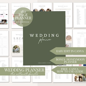 May include: A green and white wedding planner with the text "WEDDING planner" in a handwritten font. The planner includes 180 pages and is easy to edit in Canva. It also includes a bonus honeymoon planner and a free Canva how-to-use guide.