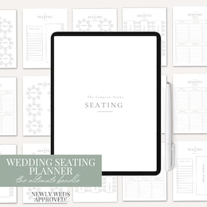 May include: A wedding seating planner bundle with various seating chart templates and a digital tablet. The tablet displays "The Compton Venue SEATING". The image includes a stylus and the text "WEDDING SEATING PLANNER the ultimate bundle".