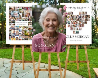 Conjunto de letreros de collage de fotos funerarias: Letreros de bienvenida para celebrar la vida. Descarga digital. Plantilla Canva.