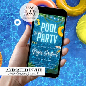 Blue Pool Party Birthday Invitation Video Neon Beach Theme Tropical Summer Invite For Teens Kids Adults DIY Canva Editable Template Pool