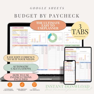 May include: A digital budget planner displayed on a laptop, tablet, and smartphone. The design features pastel colors, charts, and the text "Budget by Paycheck." Additional text includes "Easy to Use Planner," "Automatic Calculations," and "Instant Download."