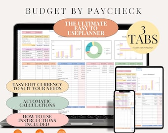 May include: A digital budget planner displayed on a laptop, tablet, and smartphone. The design features pastel colors, charts, and the text "Budget by Paycheck." Additional text includes "Easy to Use Planner," "Automatic Calculations," and "Instant Download."