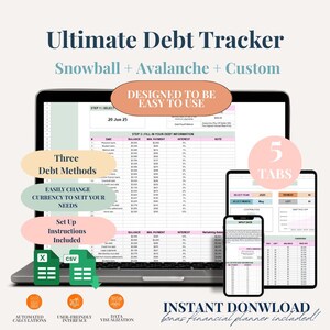 Rastreador de pago de deudas Calculadora de avalancha de bola de nieve de deudas para Hojas de Cálculo de Google Planificador sin deudas Rastreador de préstamos Pago de tarjetas de crédito Gráfico personalizado