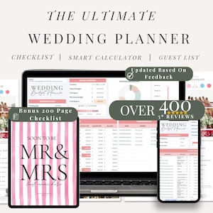 May include: A digital wedding planner displayed on a laptop, tablet, and phone. The planner includes a checklist, smart calculator, and guest list. The cover of the checklist reads "SOON TO BE MR & MRS" with pink stripes. The image also shows "OVER 400 5-star reviews."