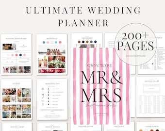 Könnte beinhalten: Ein digitaler Hochzeitsplaner mit Seiten zur Planung, einschließlich Moodboards, Lieferantendetails und Sitzplänen. Das Cover zeigt den Text "Ultimate Wedding Planner" und "Easy Edit in Canva". Ein Schild mit rosa Streifen lautet "Soon to be Mr & Mrs."