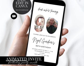 Invitación de cumpleaños número 90: elegante plantilla de foto digital de Evite y Canva.