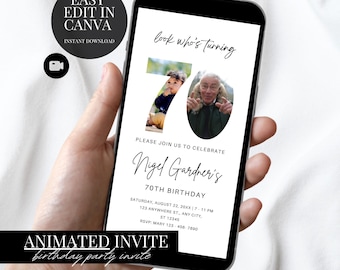 70th Birthday Invitation Minimalist Photo Evite Editable Canva Template Digital Download