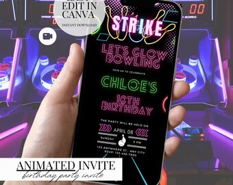 Invitación de cumpleaños de bolos luminosos para fiesta de neón de Evite, descarga digital