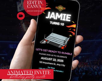 WWE Birthday Invitation Animated Wrestling Party Invite Digital Download