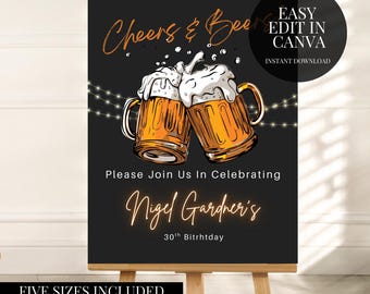 Cheers and Beers 30th Birthday Welcome Sign Template Canva Digital Download