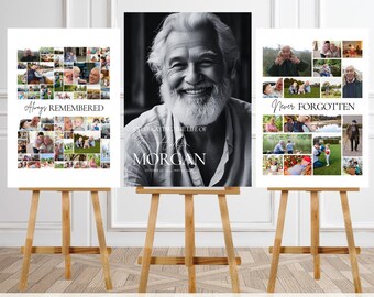 Conjunto de letreros de collage de fotos funerarias: Letreros de bienvenida para celebrar la vida. Descarga digital. Plantilla Canva.