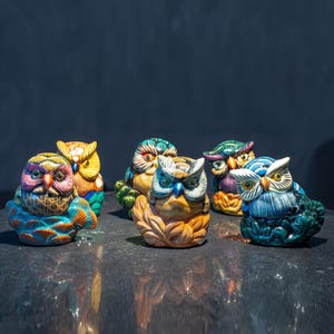 Ensemble de 6 figurines de chouettes en céramique — peintes à la main