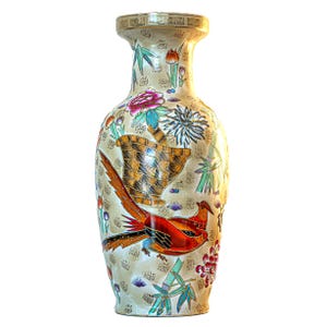 Vintage Japanese Ceramic Vase with Bird & Floral Motif – Hand Painted – Large Oriental Decor Piece