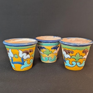 Peut inclure: Trois petits pots en céramique peints à la main. Les pots ont une base jaune avec des motifs floraux colorés en bleu, vert et marron. Les bords sont bleus. Ces pots décoratifs conviennent aux petites plantes ou succulentes.
