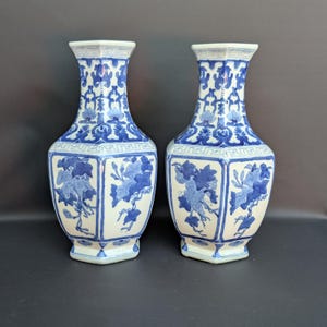 Pair of Vintage Hexagonal Blue and White Grape Vases