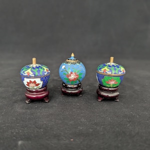 Pode incluir: Três frascos em miniatura de cloisonné com tampa, cada um apresentando padrões florais coloridos em esmalte azul, verde e vermelho. Estes pequenos recipientes decorativos estão montados em suportes individuais de madeira castanha escura.