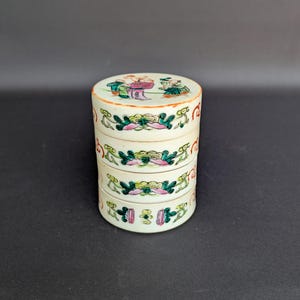 Antique Chinese Porcelain Stacking Box | Famille Rose Sweetmeat Container | 4-Tier Figural Box