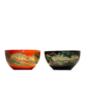 Vintage Japanese Lacquerware Koi & Landscape Bowls – Set of 2