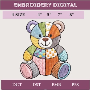 Patchwork Teddy Bear Embroidery File Colorful Stuffed Toy Stitch Design for Baby Quilt Clothes and Nursery Decor