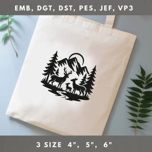 Wildlife Embroidery File Deer Family Mountain Scene Design Forest Landscape Pattern for Outdoor Shirt Jacket or Decor