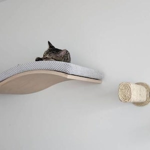 May include: A curved wooden wall-mounted cat shelf featuring a light gray textured fabric cushion, with a tabby cat resting on top, and a separate cylindrical sisal rope scratching post mounted to the wall nearby for feline climbing and play.