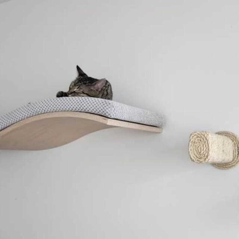 May include: A curved wooden wall-mounted cat shelf featuring a light gray textured fabric cushion, with a tabby cat resting on top, and a separate cylindrical sisal rope scratching post mounted to the wall nearby for feline climbing and play.