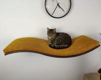 Kattvägghylla med träbas, stor flytande sittbädd i trä av premiumkvalitet, mjuk kudde, solid sovplats, avtagbar tvättbar dyna SH-W-W95R
