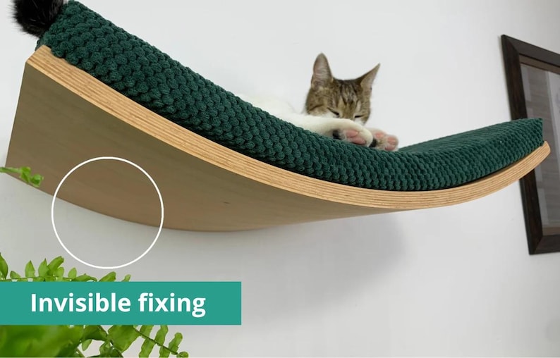May include: A curved wall-mounted cat shelf featuring a light-colored plywood base and a dark green textured fabric top. A cat is resting on the shelf. The design includes an invisible fixing mechanism, as indicated by the text label on the image.