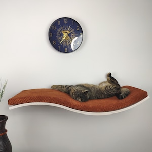 Wall-Mounted Cat Shelf with Wooden Base | Rustic Cat Furniture | Natural Wood Cat Perch for Climbing & Lounging SH-W-W95R