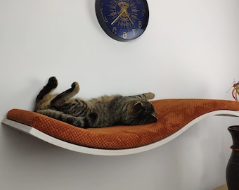 White Wood Wave Cat Wall Shelf with Washable Cushion