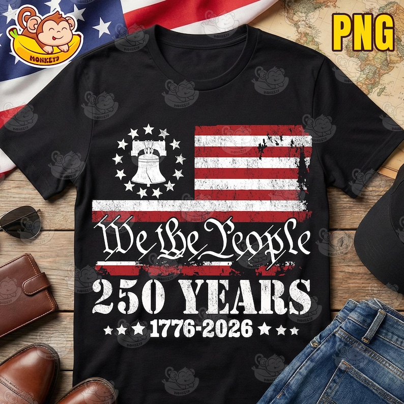May include: Black t-shirt with a distressed American flag design, the Liberty Bell, and the text "We the People 250 YEARS 1776-2026". The design is in red, white, and blue.