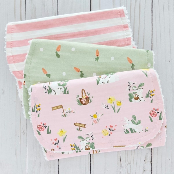Burp Cloths: Bunnies, Carrots, Pink Stripe, White Chenille, Baby Girl Gift, Baby Essentials, Quick Ship, Set of 3 or you chose