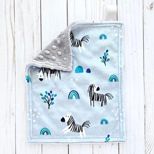 Rainbow Zebra Minky Lovey: Mini Baby Snuggle Blanket, Gray Back