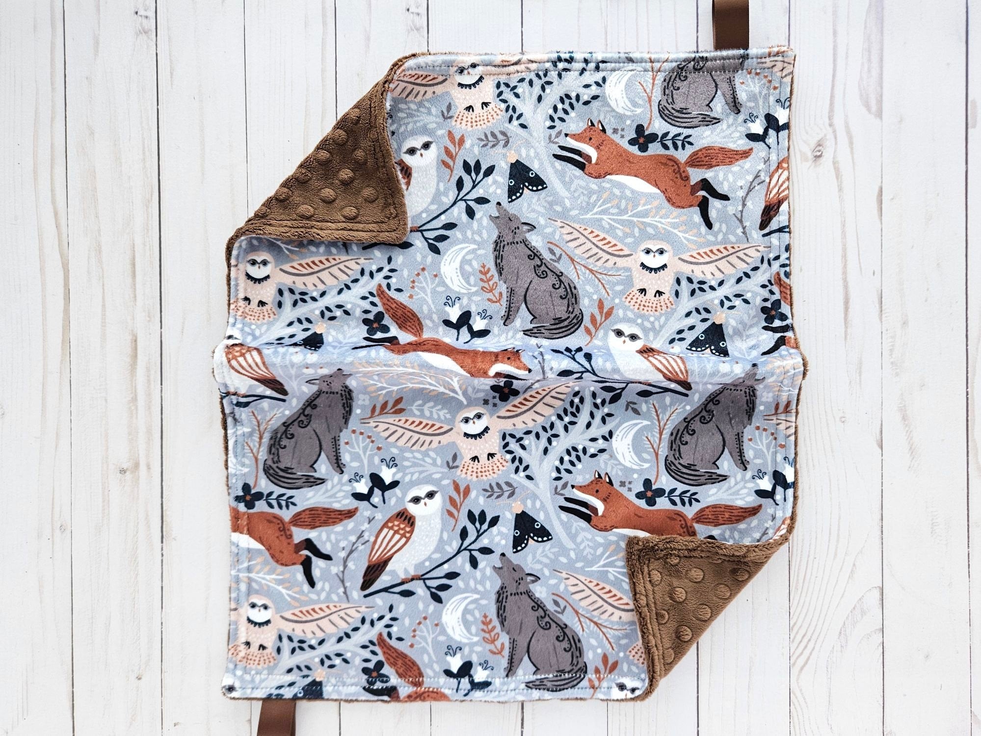 Forest Animals Minky Lovey: Fox, Wolf, Owl, Baby Snuggle Blanket, Brown Back