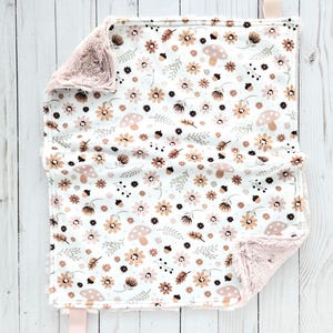 Boho Floral Mushroom Minky Lovey: Baby Snuggle Blanket, Blush Pink Back