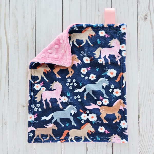 Mini Lovey: Floral Horses + Pink Cuddle. Minky Lovey. Horses Lovey. Baby Gift. Baby Girl Lovey. Floral Lovey. Quick Ship