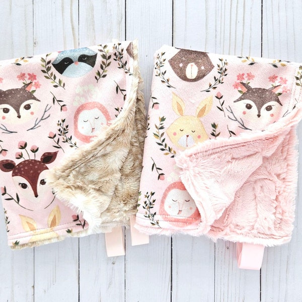 Lovey: Floral Woodland + Blush Fur or Fawn Cuddle. Minky Lovey. Baby Girl Gift. Woodland Lovey. Deer Lovey, Baby Girl Lovey. Quick Ship